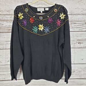 Vintage Silvercord Women's Black Beaded Sequin Pullover Sweater Petite Large